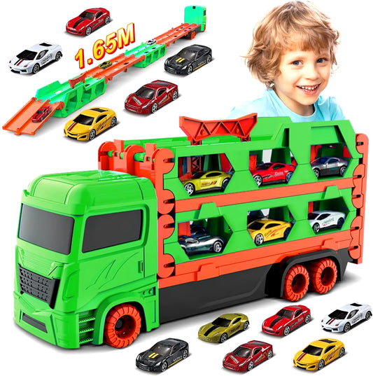 Expandable 1.65M Truck 6X Race Cars Toy for Boys Age 3+ Portable Transport Track Truck Vehicle Toy Set for Kids Gifts