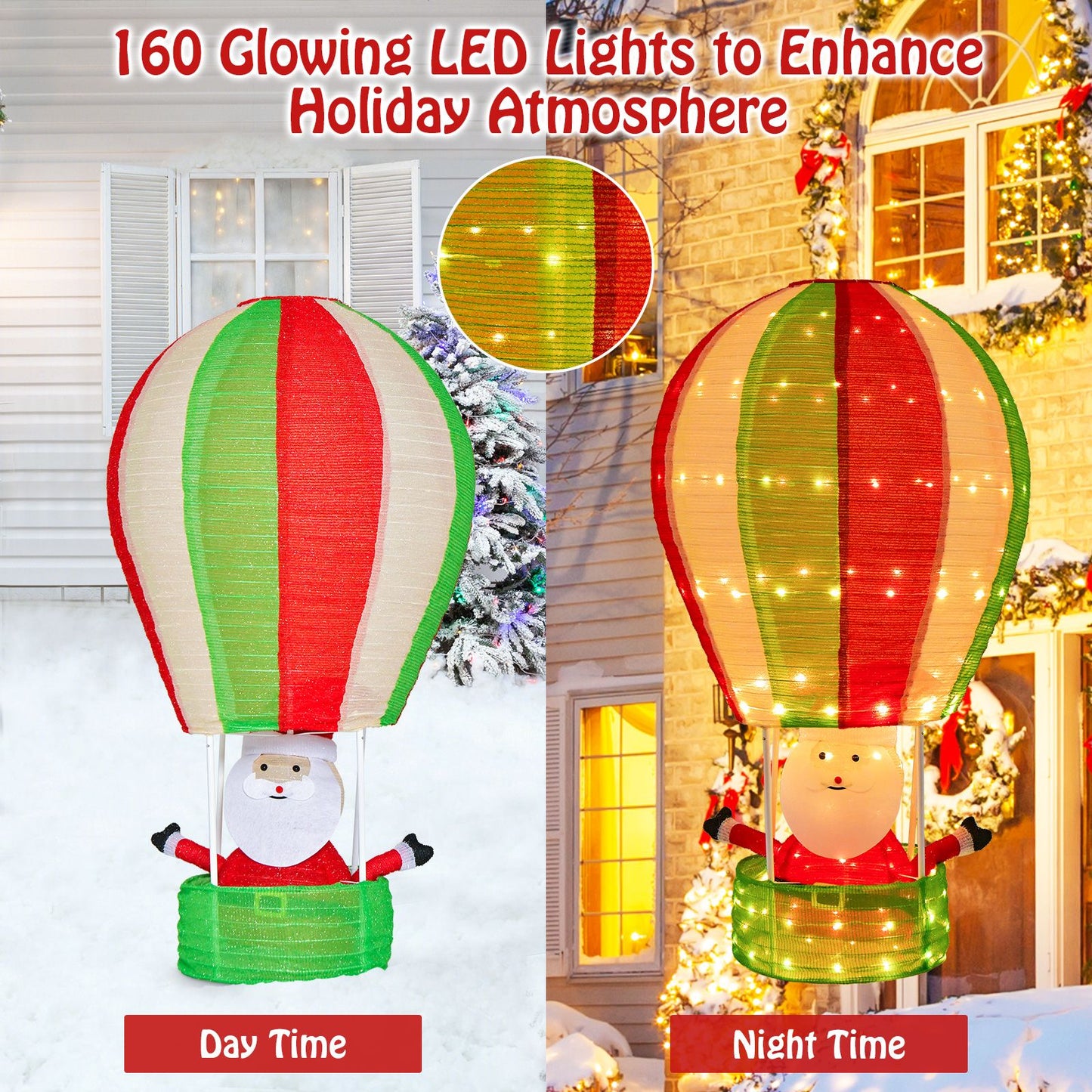 Lighted Santa in Hot Air Balloon with LED Lights and Pop-Up Design
