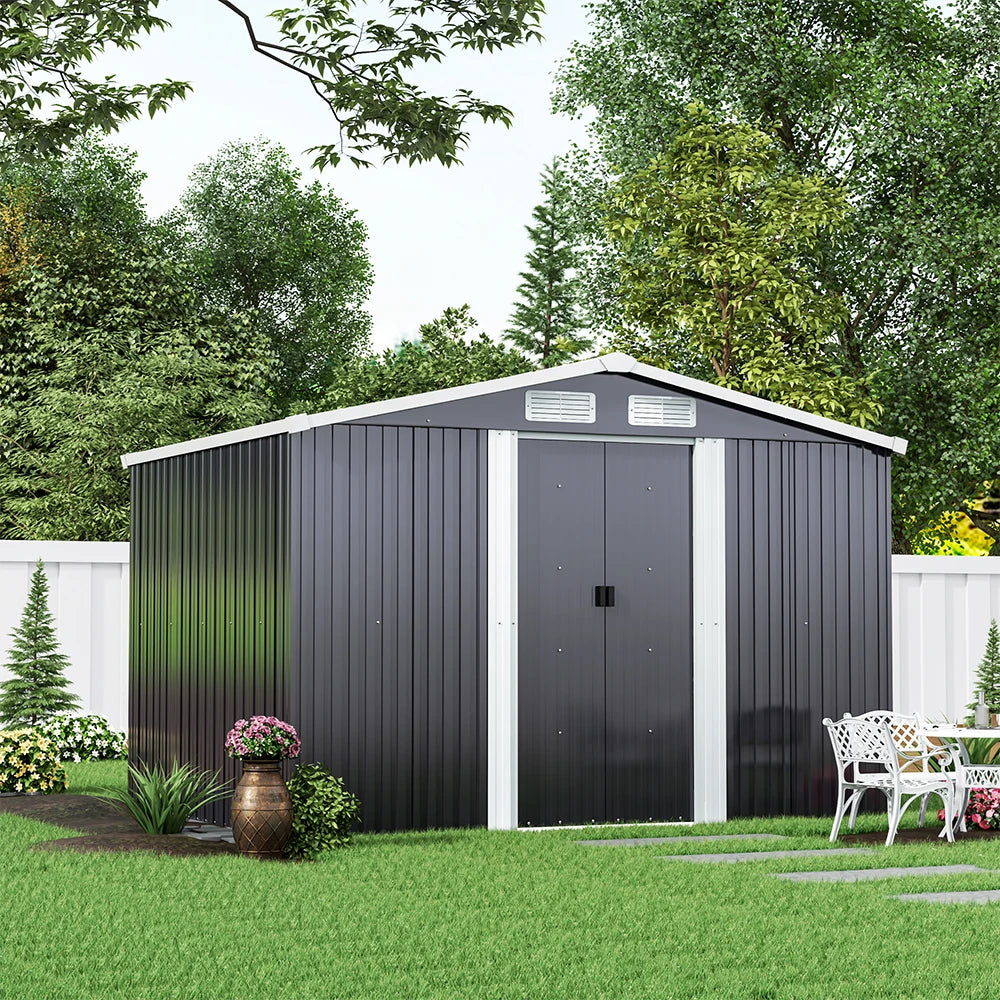 6 X 8 FT Black Outdoor Storage Shed, Metal Large Shed Garden with Air Vent, 2 Slide Door