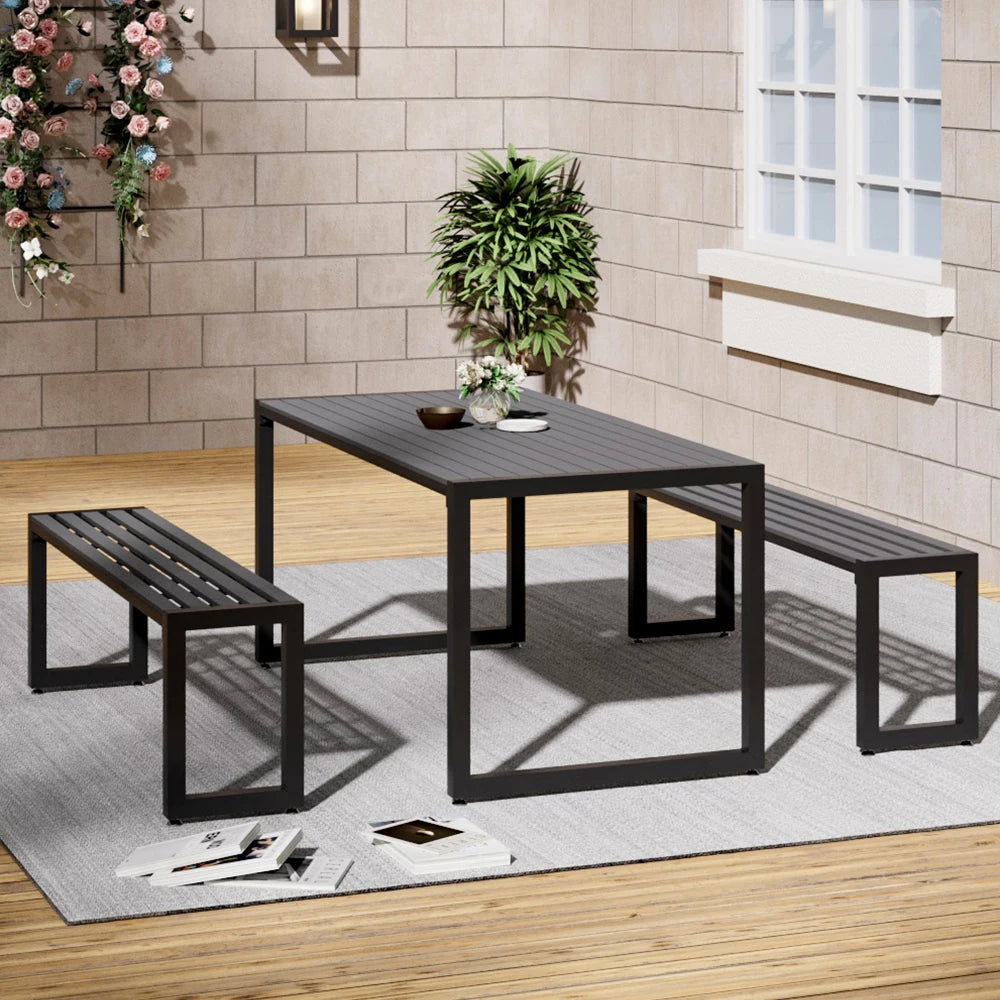 Outdoor Wooden and Metallic Dining Table with Parasol Hole and Benches Set
