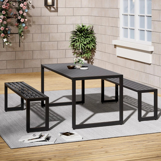 Outdoor Wooden and Metallic Dining Table with Parasol Hole and Benches Set