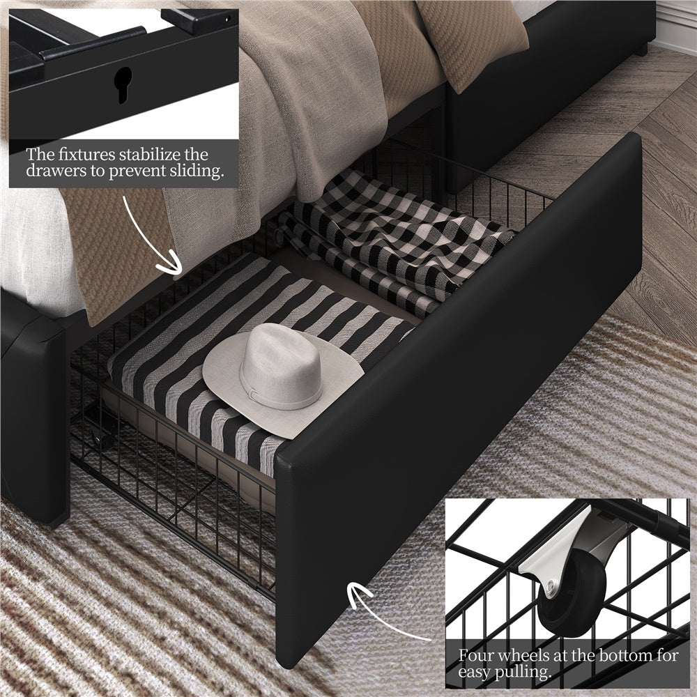 Upholstered Bed Frame with Large Pull-Out Drawers Storage & Height-Adjustable Headboard, Faux Leather