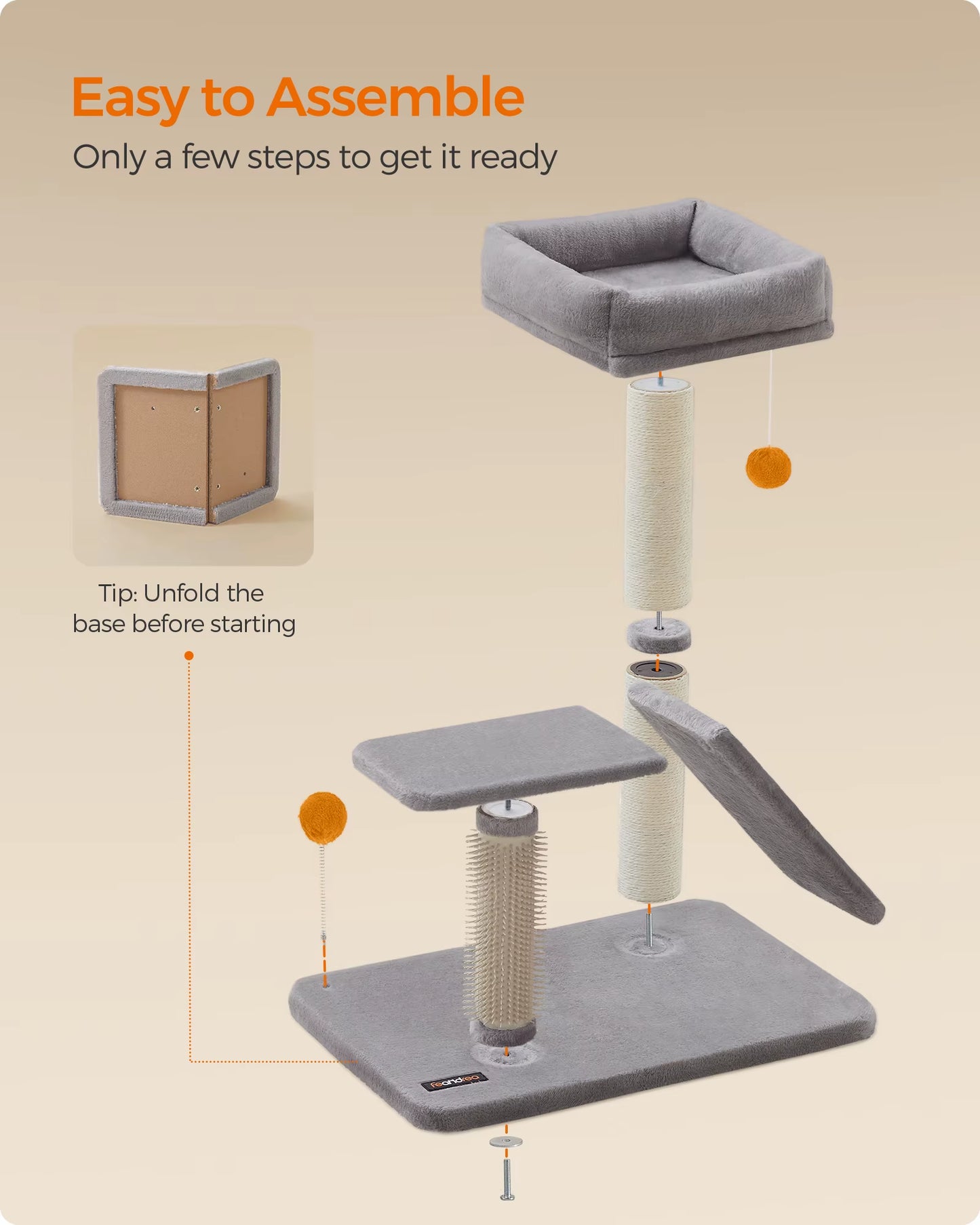 Multifunctional Cat Scratching Post with Integrated Bed, Rotatable Scratching Ramp, Perch, and Self-Groomer