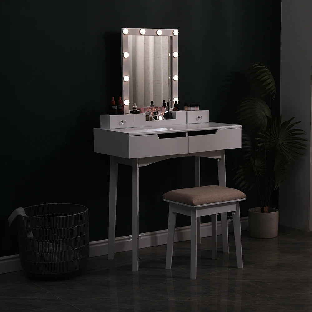 Modern Vanity Makeup Table and Cushioned Stool Set with 4 Drawers, White