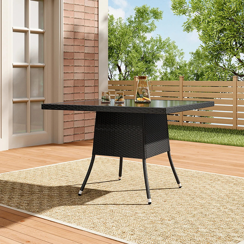 Garden Wicker Table with Tempered Glass and Parasol Hole