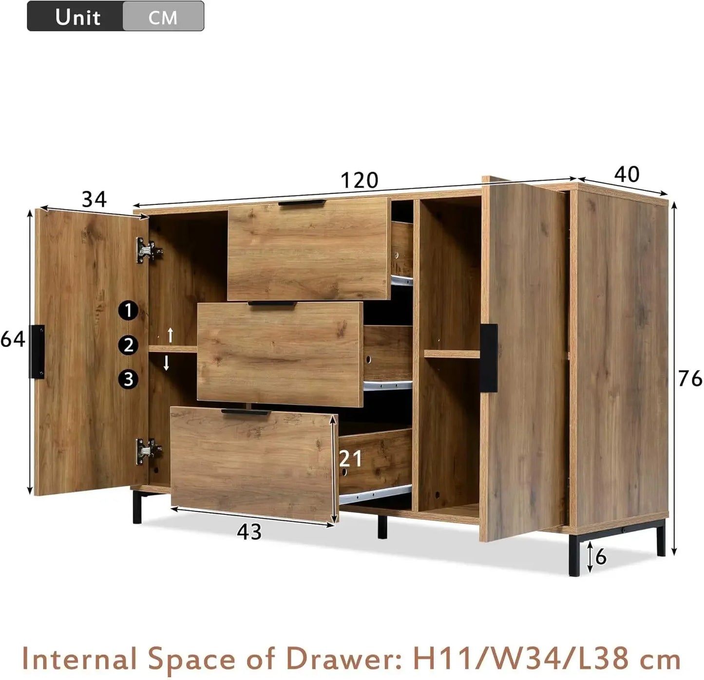 Sideboard Cabinet for Living Room Chest of Drawers with 2 Doors and 3 Drawers Adjustable Shel 40D X 120W X 76H Centimetres