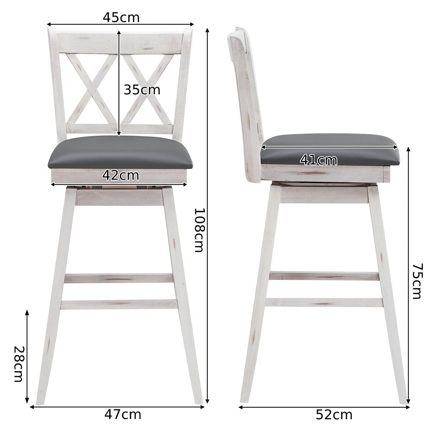 Set of 2 Counter Height Bar Stool with Foot Rest Upholstered Cushion