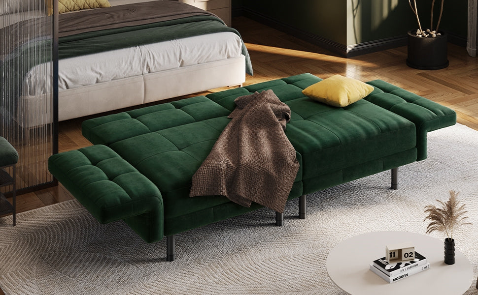 Velvet Sofa 2-Seater Convertible Sofa Bed, Fabric Upholstered Futon Couch Sleeper with 4 Pillows, Angle-Adjustable Armrests & Backrest