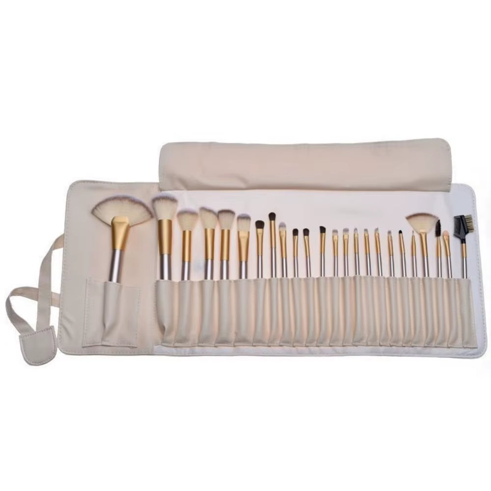 Luxury Wooden Makeup Brush Set with Leather Pouch - 12 to 24 Brushes for Flawless Application