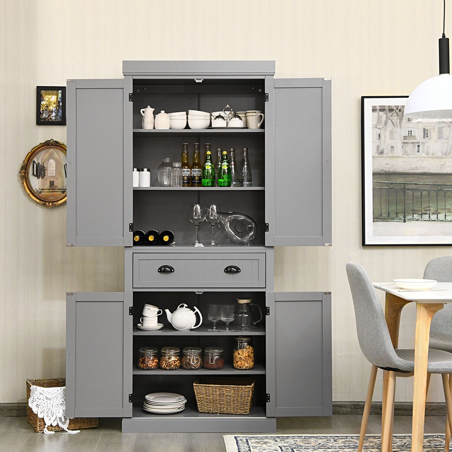 4-Door Tall Kitchen Cupboard Adjustable Shelves and Drawer