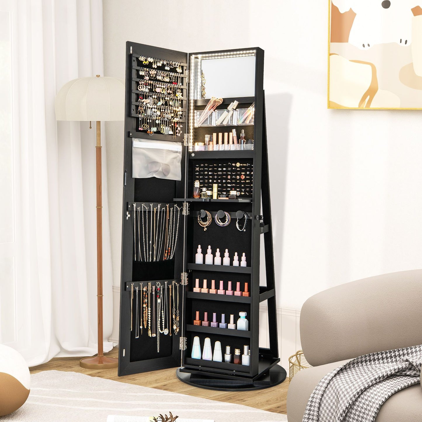 360-Degree Mirrored Jewelry Armoire with 3-Color Auto-On LED Lights