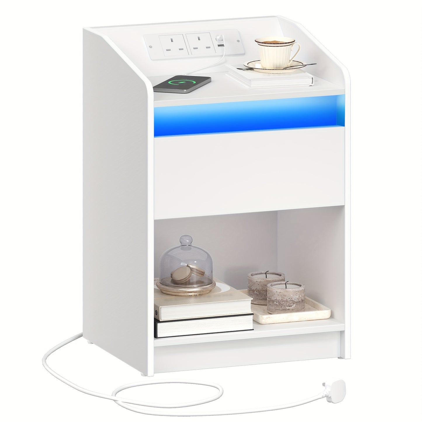 Bedside Table with LED Light - Side Table with Charging Station, 1 Storage Drawer Bedside Table