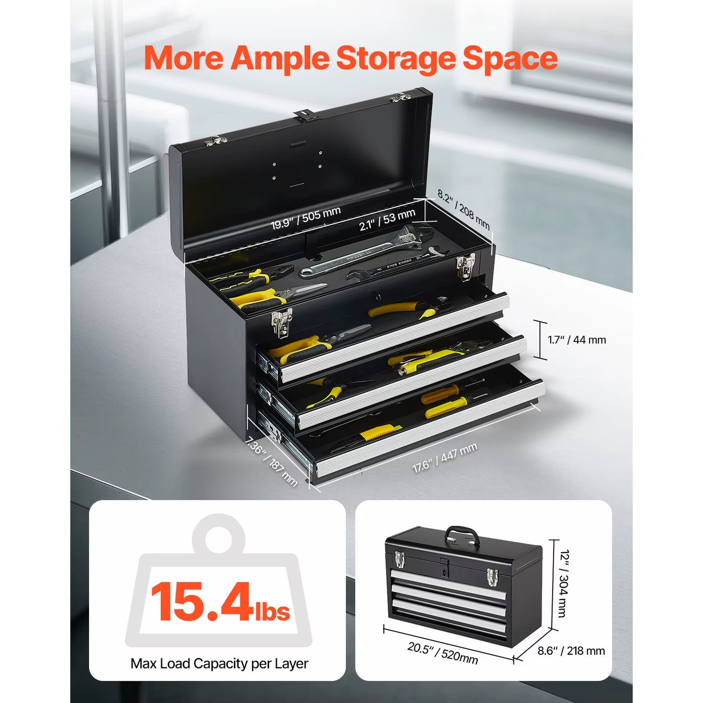 20In 3-Drawer Metal Tool Box Black/Red Tool Chest with EVA Liners Multifunction Tool Organizer for Garage & Workshop