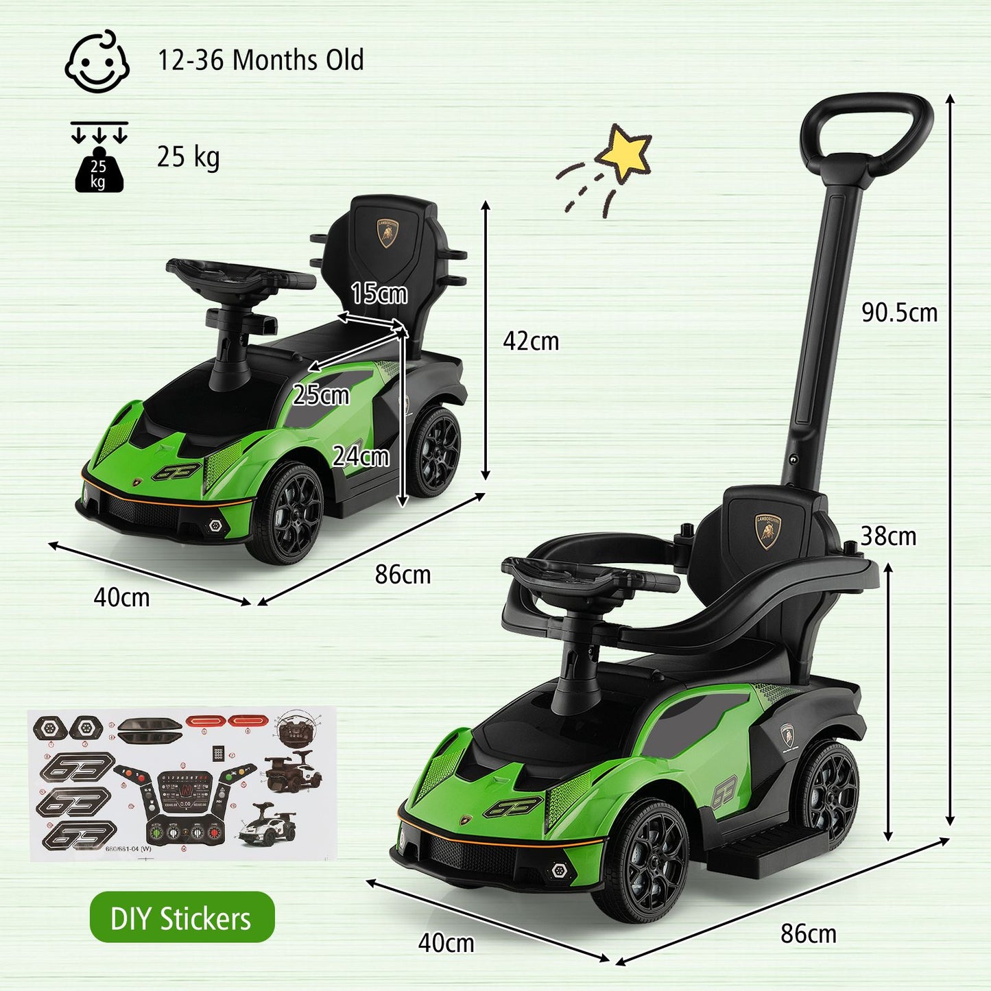 Luxury Lamborghini Ride-On Car for Kids with Convenient Push Handle