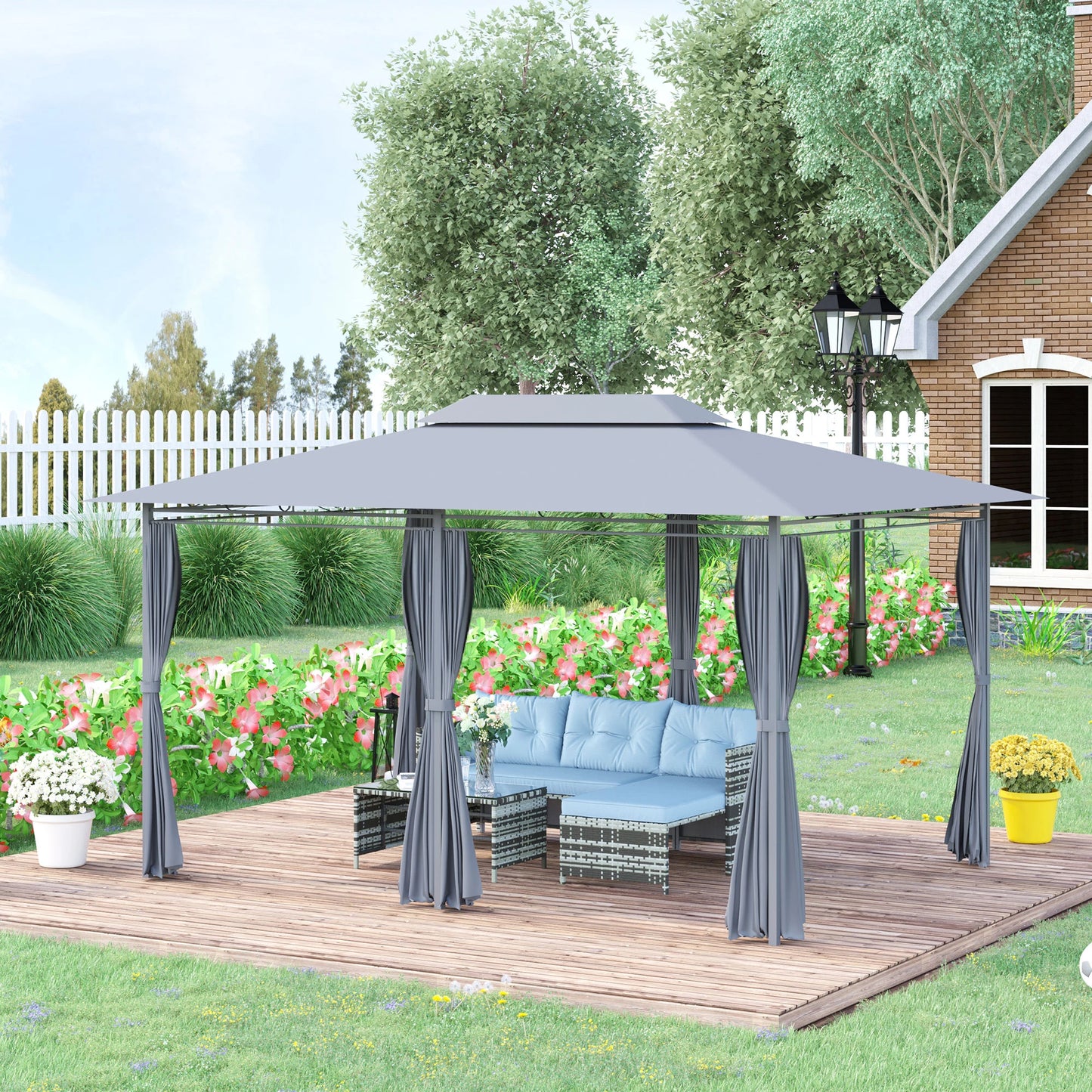 Spacious 4M x 3M Double Roof Garden Gazebo Canopy with Curtains - Durable Steel Frame Outdoor Shelter