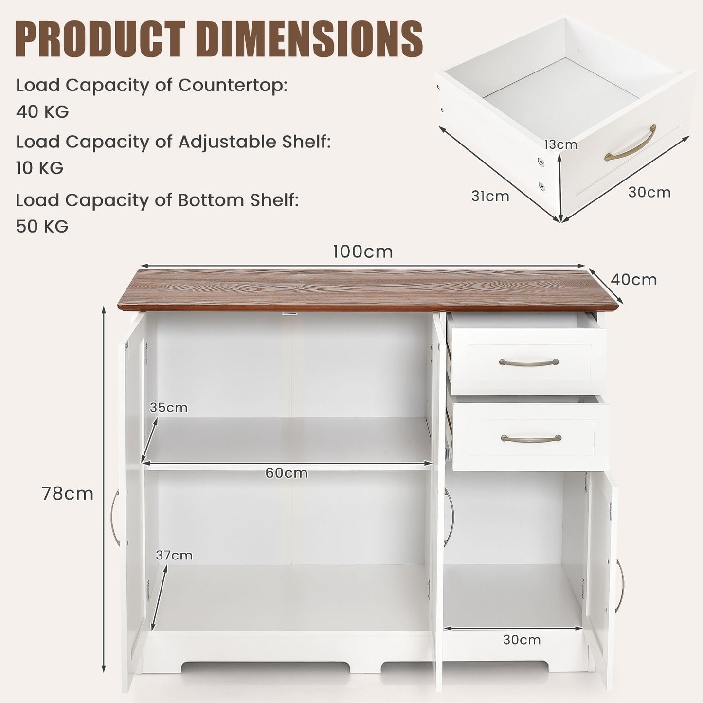Modern Kitchen Storage Sideboard Cabinet with Adjustable Shelf and Drawers