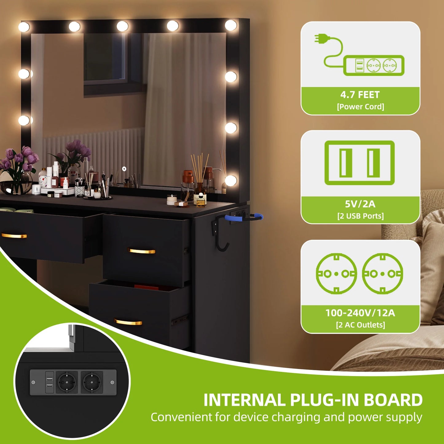 Black Dressing Table - LED Vanity Desk with Adjustable Mirror, 4 Drawers & Power Outlet, 90X40X136Cm