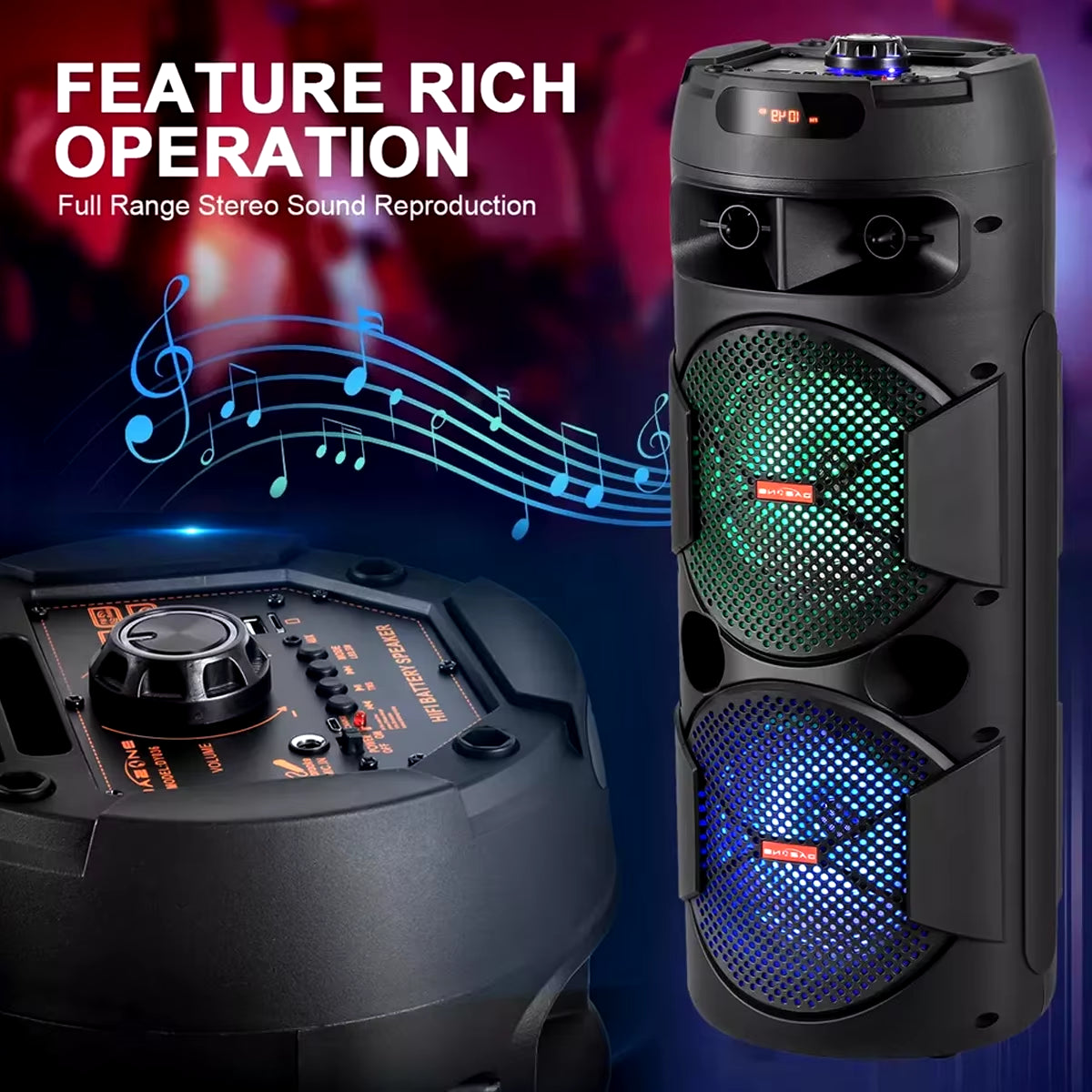 Ultimate Portable Dual 8-Inch Woofer Wireless Speaker System with LED Lights, Microphone, and Powerful Bass - Rechargeable and Ready to Rock!