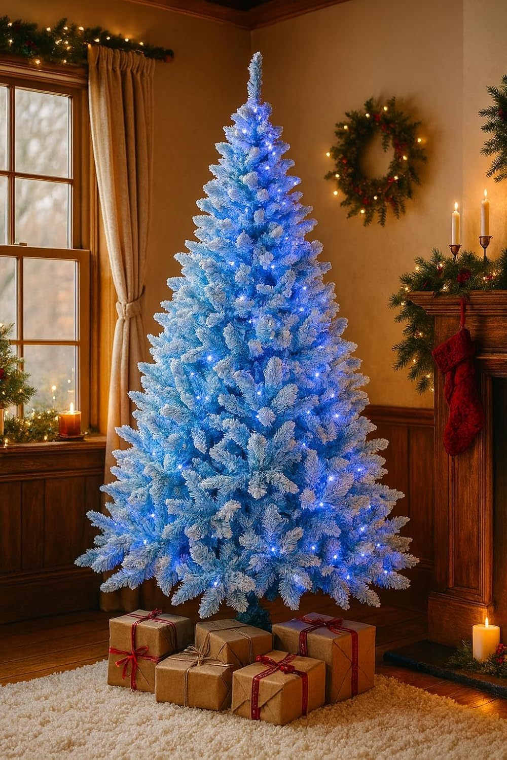 4Ft-8Ft Christmas Tree Prelit Flocked Blue LED Lights Multifunction, Snow Dusted Artificial Pine Foldable Metal Stand Tips Hinged Branches