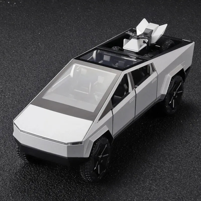 1:24 Scale Silver Cybertruck Model - Diecast Metal Pickup with Sound & Light Features for Kids 3+