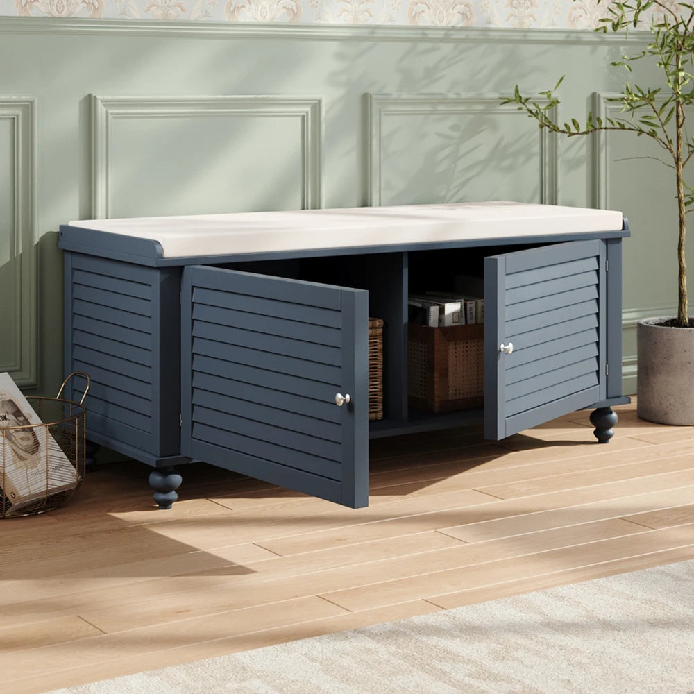 Wooden Shutter Door Shoe Cabinet Storage Bench with Linen Cushion
