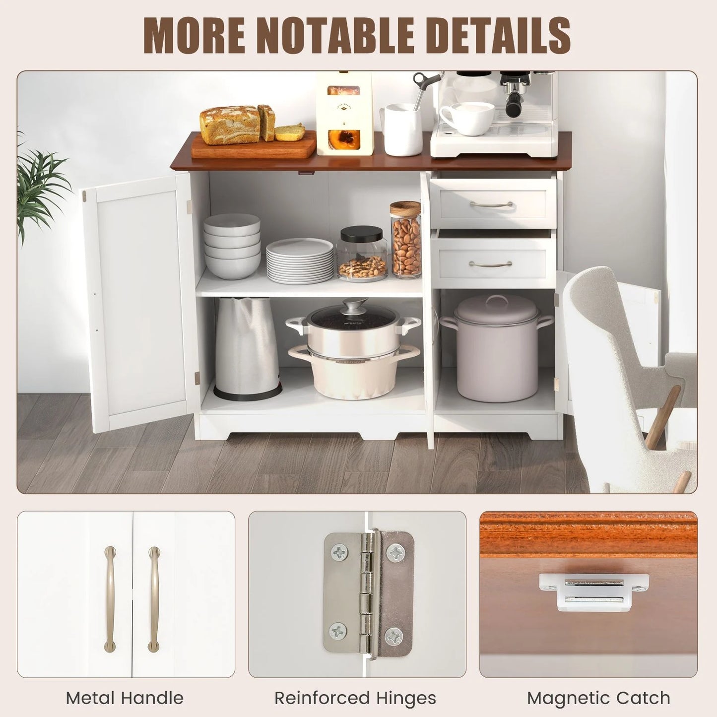 Modern Kitchen Storage Sideboard Cabinet with Adjustable Shelf and Drawers