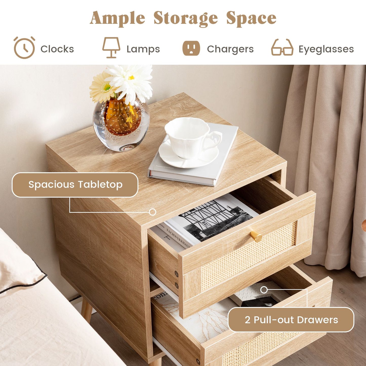 Boho Accent Rattan Nightstand Bedside Table with 2 Storage Drawers