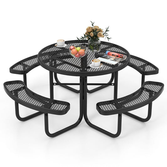 Outdoor round Picnic Table and Bench Set for 8 with Seats and Umbrella Hole