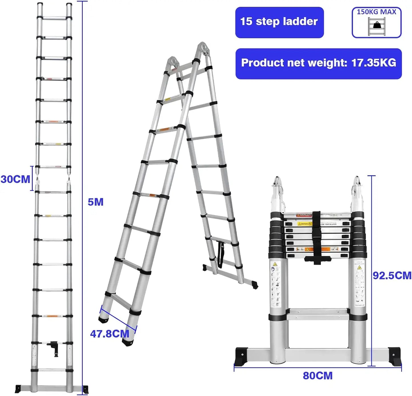 16.5Ft(8.2Ft+8.2Ft)/5M Multi-Purpose Telescopic Aluminium Ladder,Extendable Folding Ladder, Non-Slip Steps, 150 Kg Load Capacity