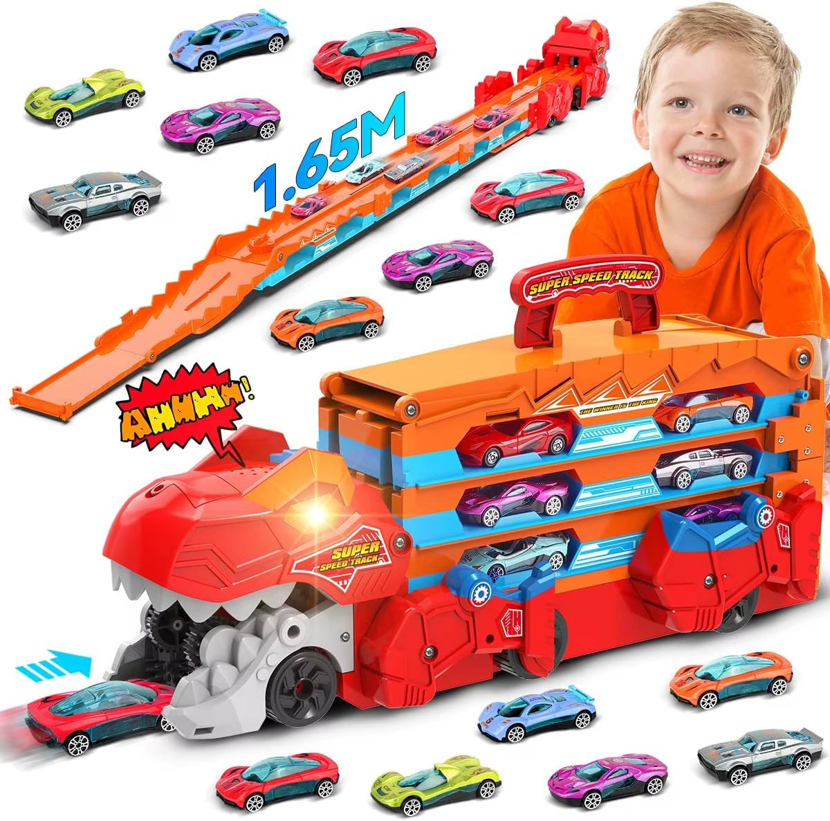 Dinosaur 3-in-1 Transport Truck with 8 Race Cars - Ejection Folding Portable Track Toy with Sound for Kids Age 3+