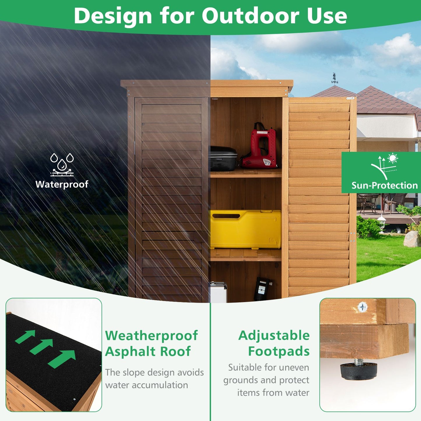 Outdoor Wooden Storage Shed with 3 Removable Shelves for Garden Deck