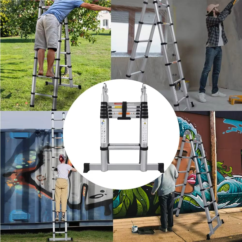 Telescoping Ladder, Portable Telescopic Extension 3.8M(1.9M+1.9M) Tall Multi Purpose Loft Ladder, Stainless Steel Frame Folding