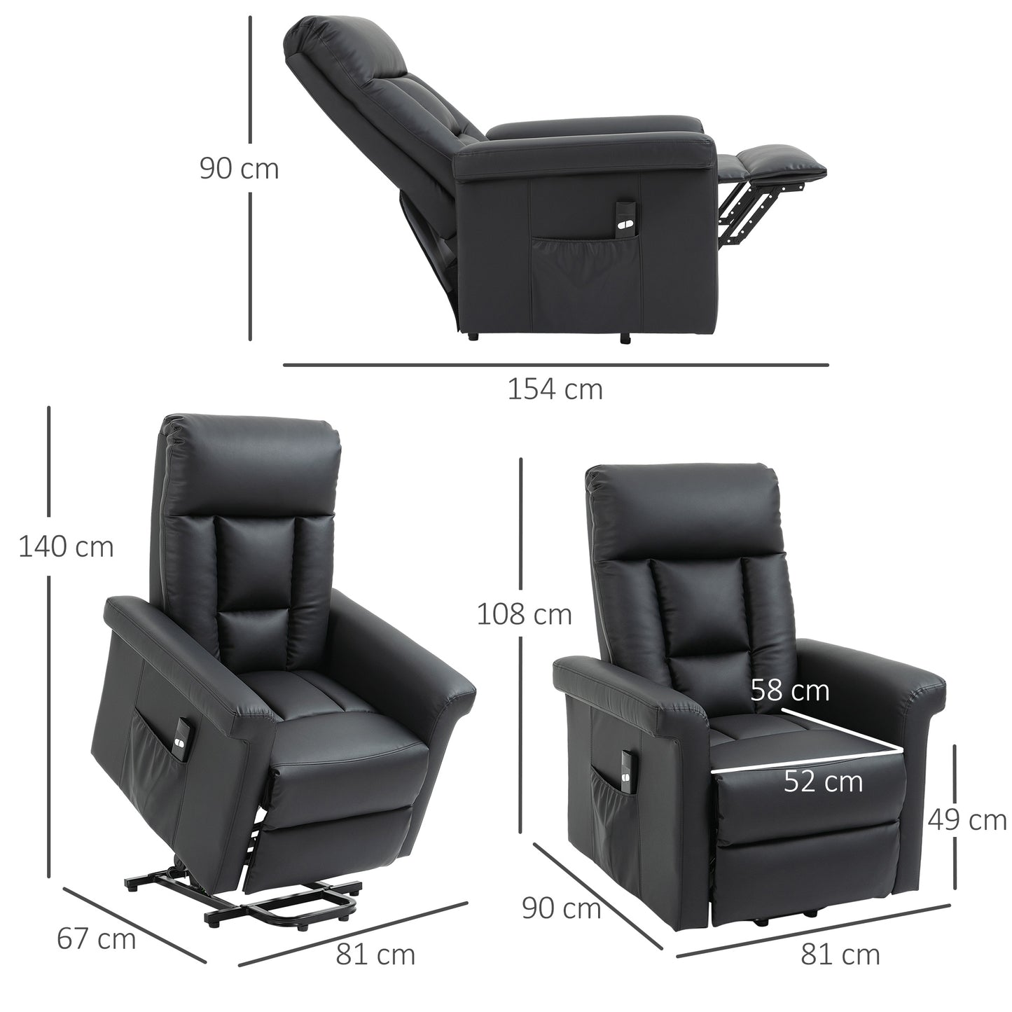 Power Lift Chair with PU Leather, Electric Recliner, Side Pocket, Black