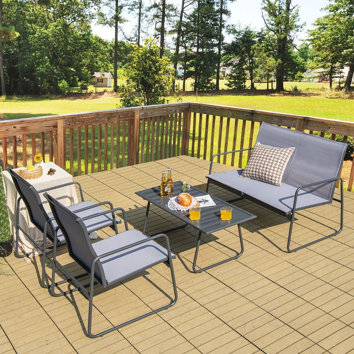 4 Piece Garden Patio Bistro Furniture Set with Loveseat, Coffee Table and 2 Chairs