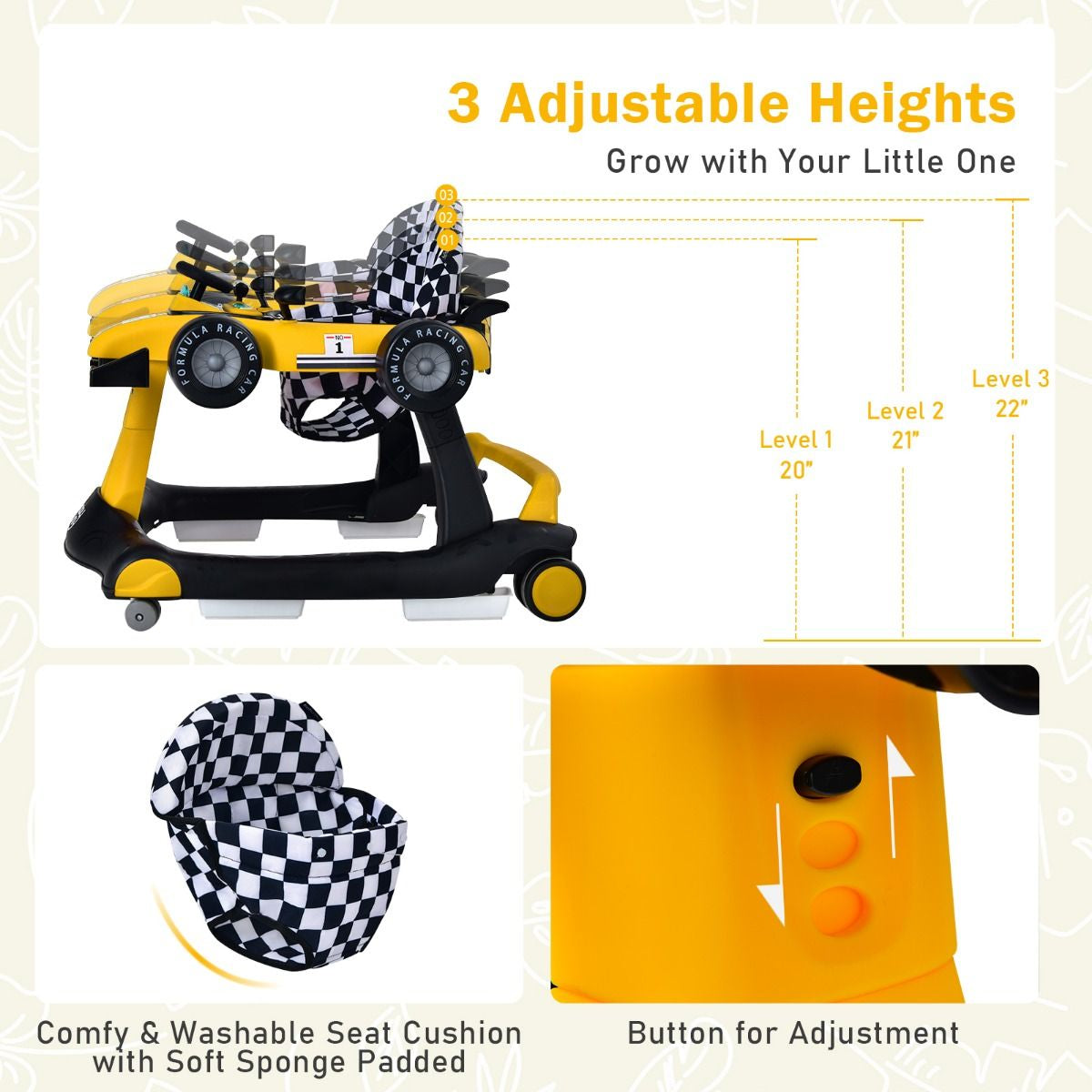 Versatile 4-In-1 Baby Push Walker - Adjustable Height & Speed for Growing Toddlers