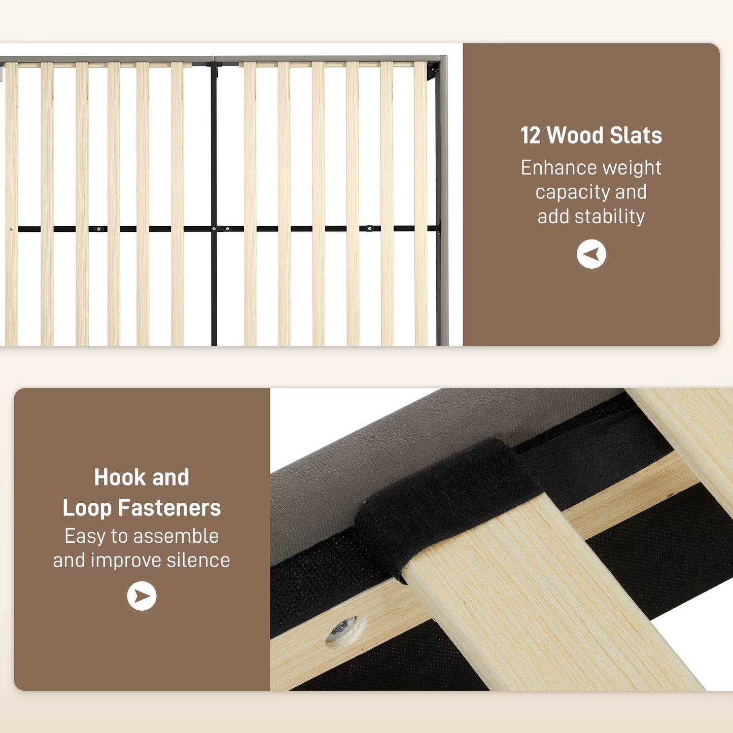 King Size Bed Frame with 5-Level Adjustable Headboard Wooden Slats