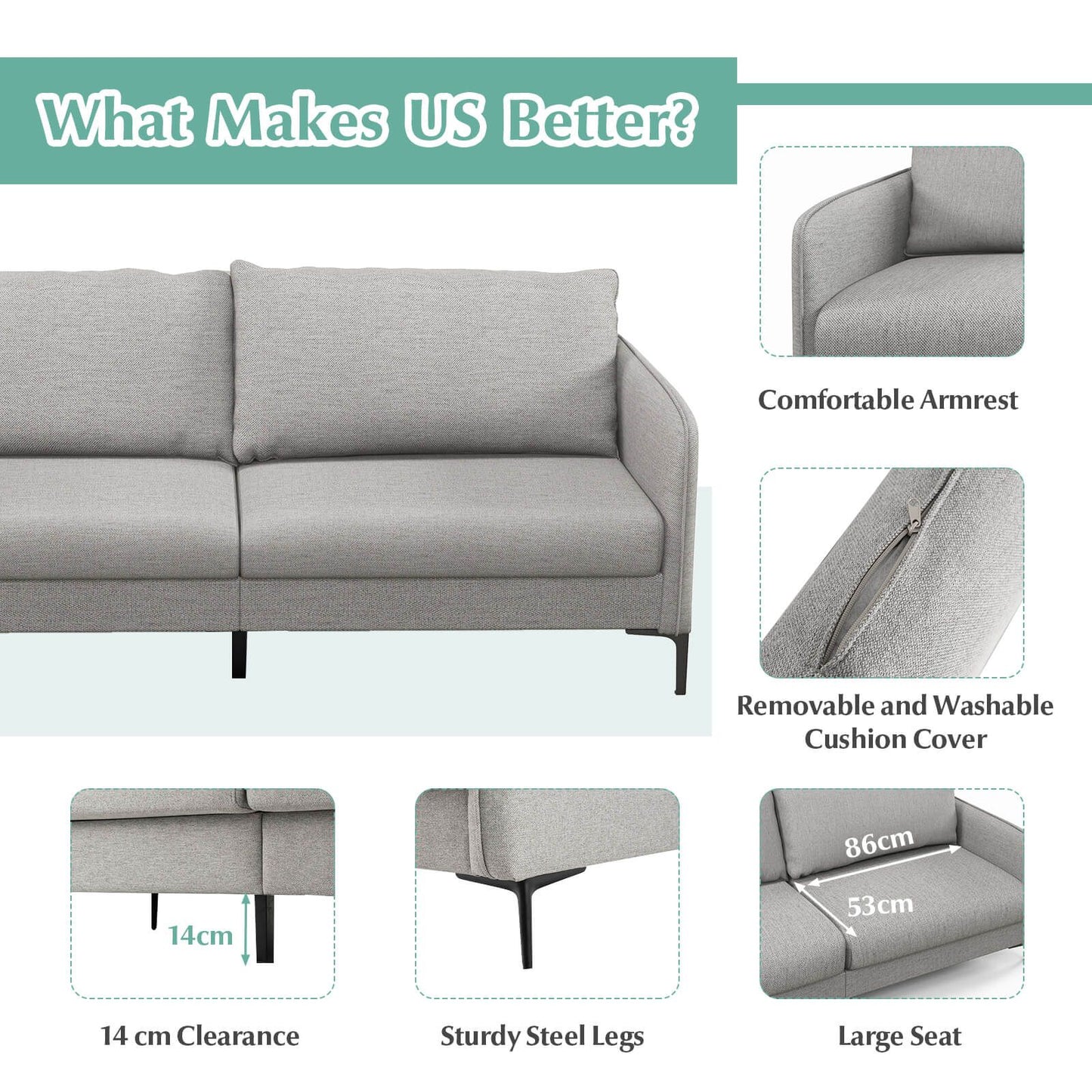 Modern Loveseat 3-Seater Upholstered Sofa with Washable Cushion Covers