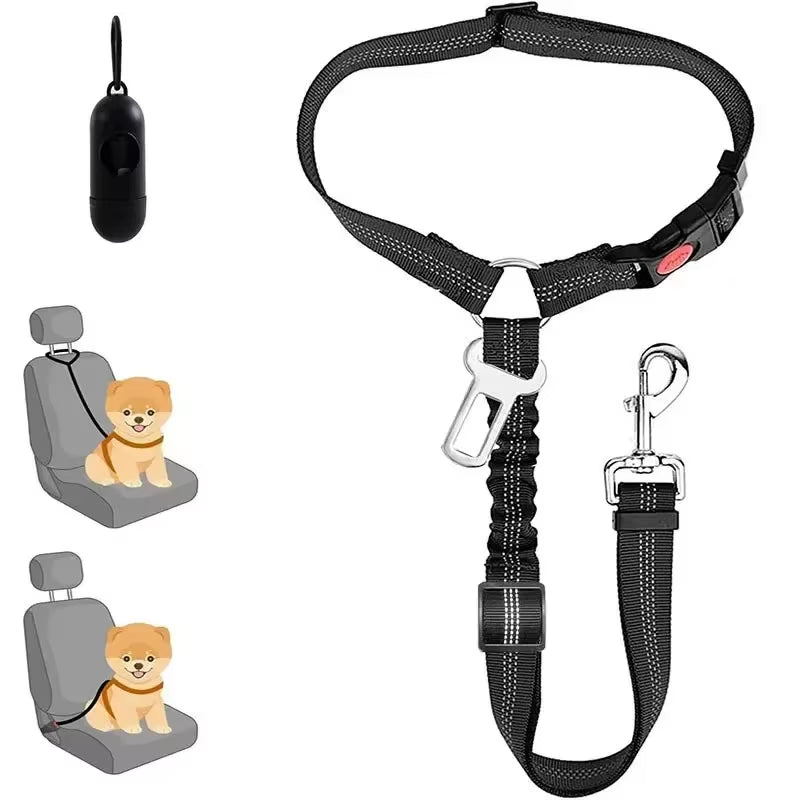 Adjustable Pet Car Seat Belt Restraint with Elastic Bungee for Dog Harness and Reflective Leash for Safe Vehicle Travel