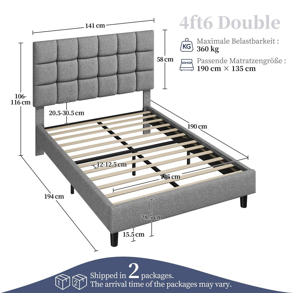 Upholstered Bed Frame, Modern Platform Bed Frame with Strong Wooden Slats Support and Square Tufted Headboard Height Adjustable