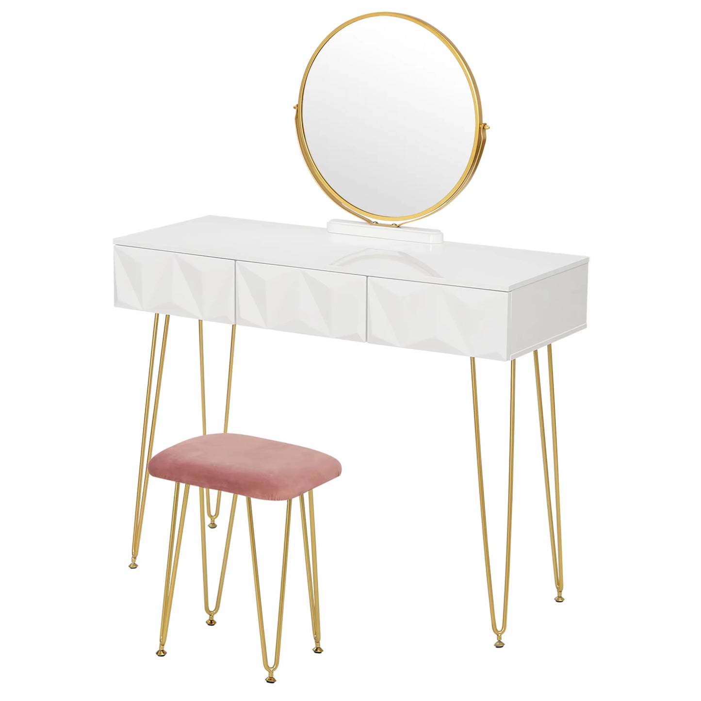 1SET White Gold Dressing Table with 360° Swivel Mirror 3D Effect Velvet Stool Cosmetic Makeup Dressers for Bedroom