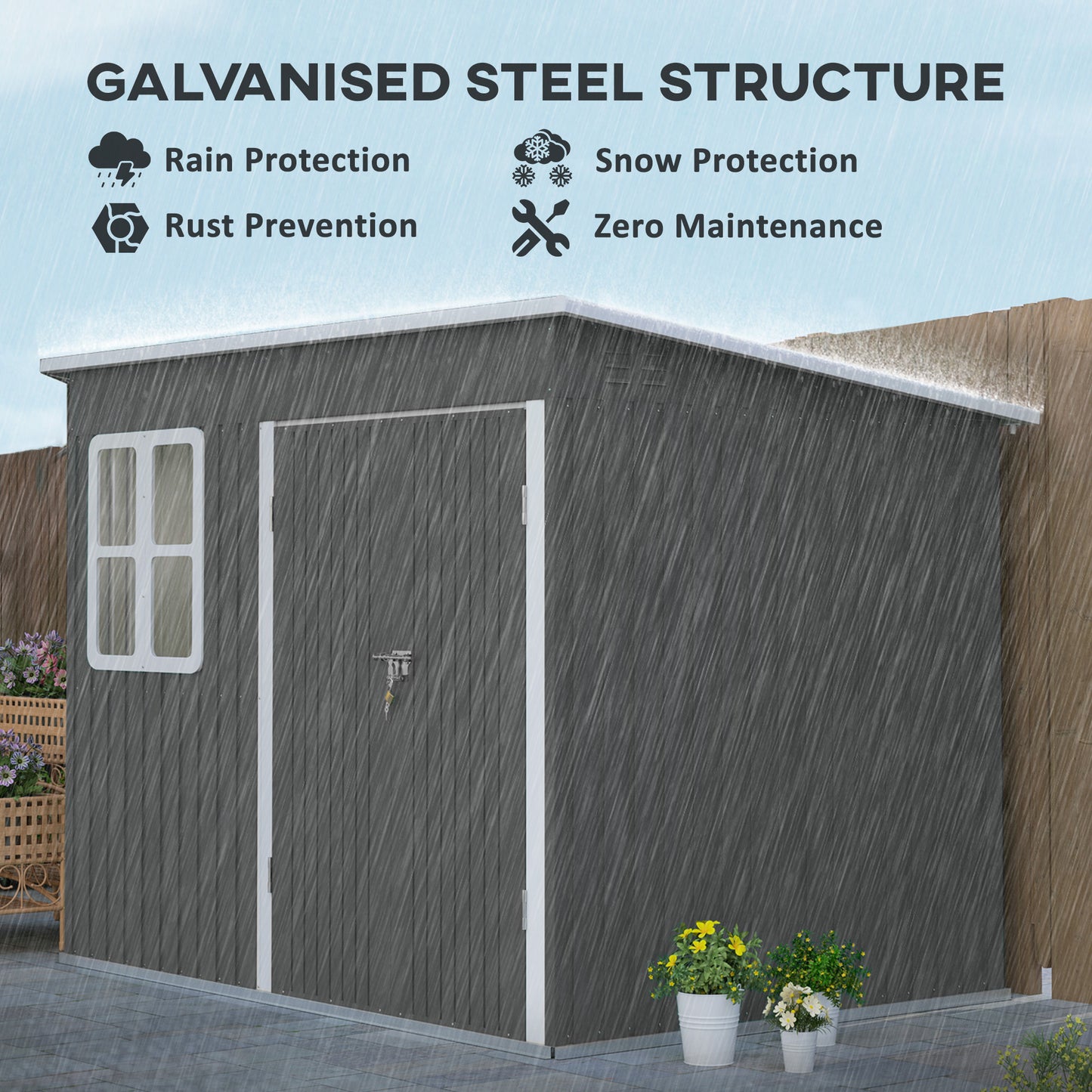 8.5x6 ft Galvanised Steel Garden Shed with Foundation Kit – Grey