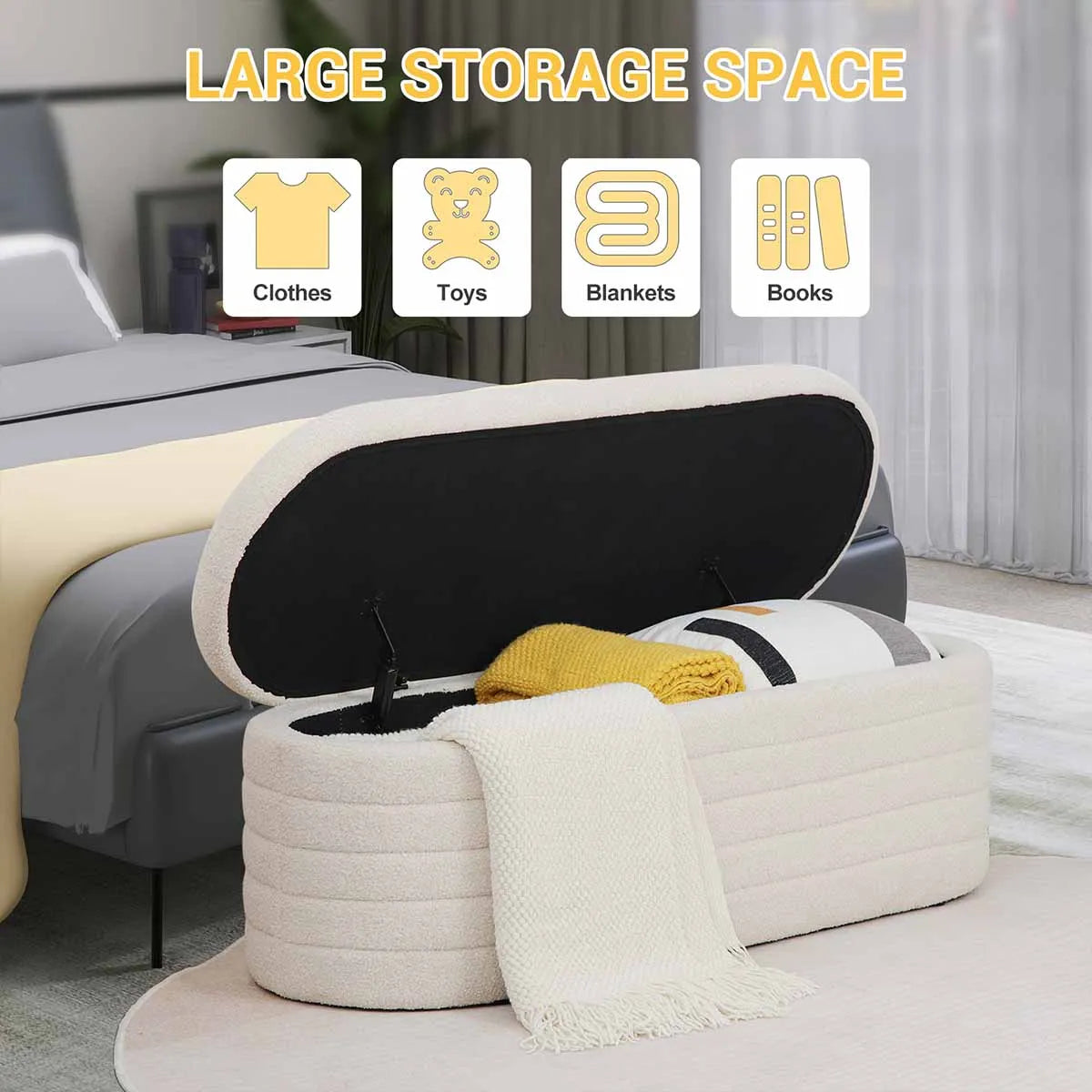 Chic Teddy Upholstered Ottoman Storage Bench - Stylish Boucle Footstool for Bedroom, Living Room & Entryway