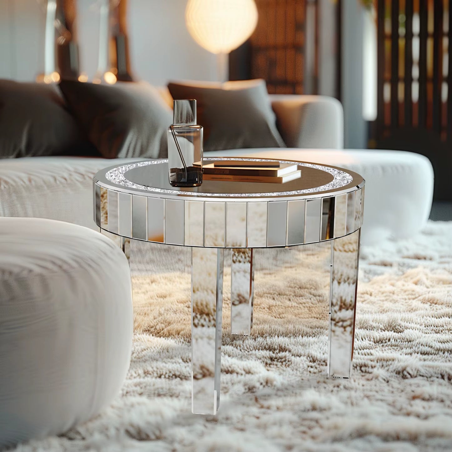 Luxury Modern round Mirrored Accent Side Table with Crystal Diamonds Inlay for Bedside Table