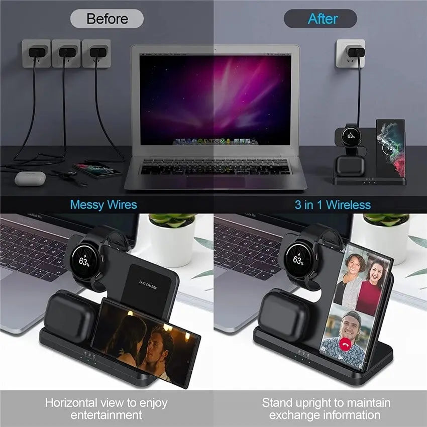 Ultimate 3-in-1 Wireless Charging Stand for Galaxy S23, S22, S21, S20 Ultra, Note Series, Galaxy Watch 5/4, Active & Buds - 15W Fast Charging Dock Station