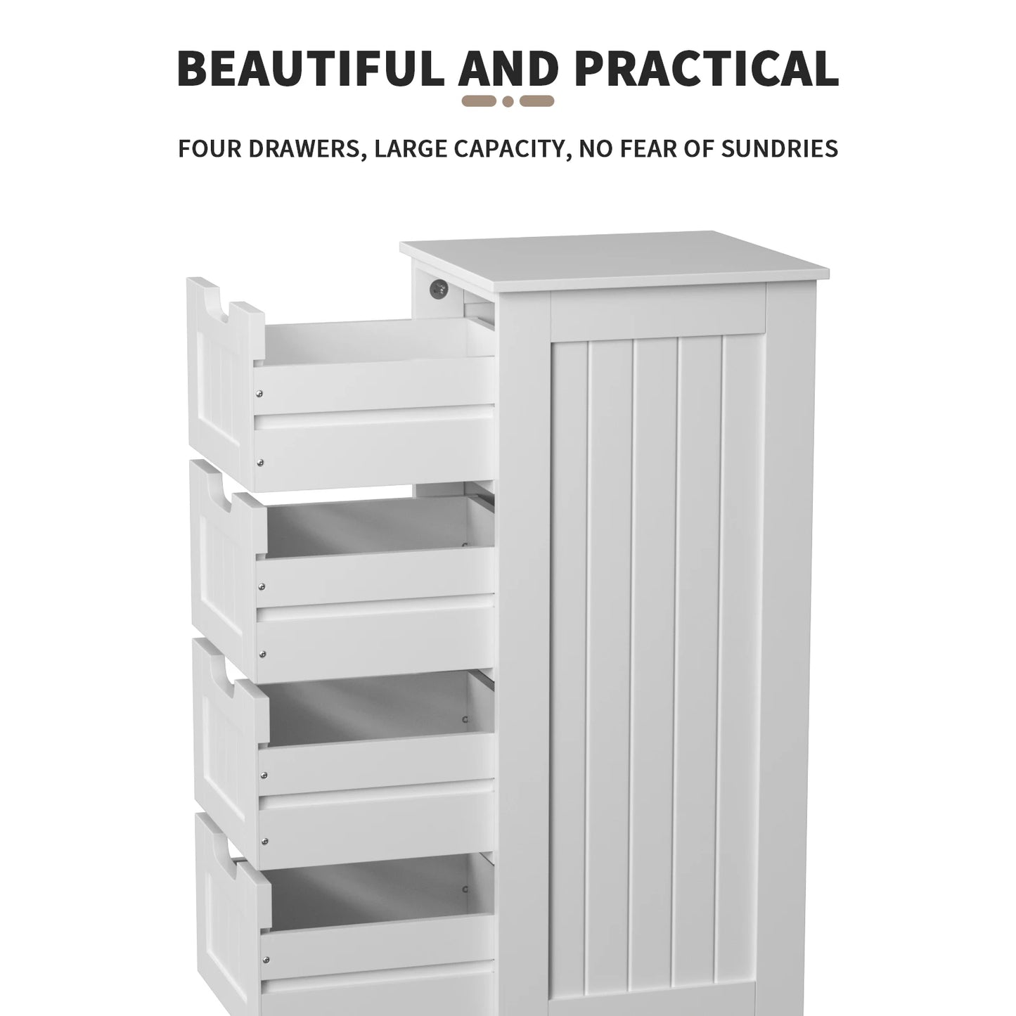 Sleek White Wooden Bathroom Storage Cabinet with 4 Drawers - Stylish Free-Standing Design (30 x 30 x 82 cm)