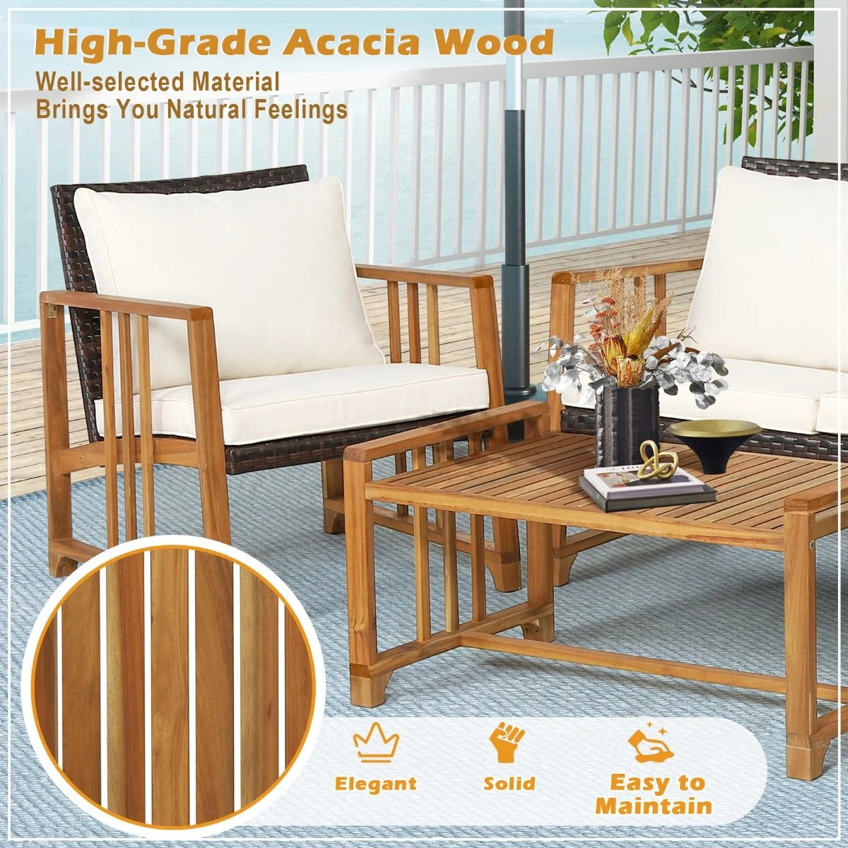 Outdoor Mix Brown Rattan Set with Acacia Wood Frame and Back Cushions