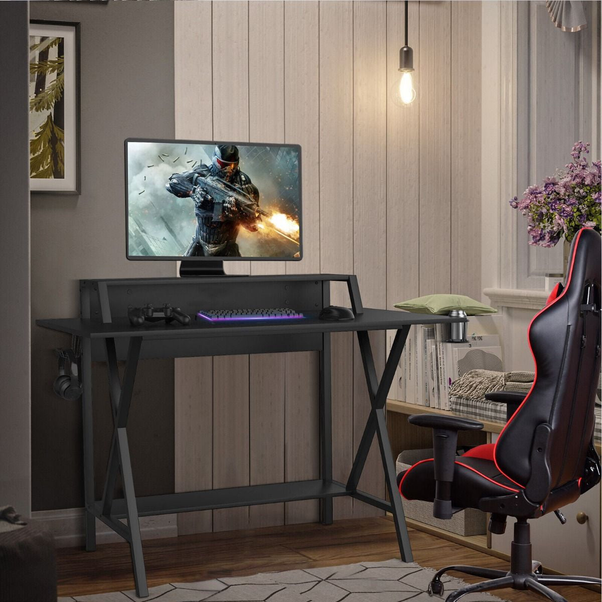 Ergonomic Gaming Computer Desk with Cup Holder and Monitor Riser