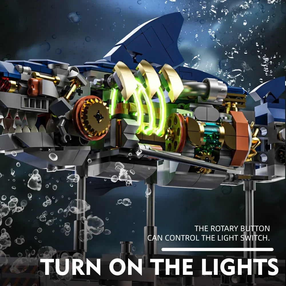 MOC Mechanical Shark Building Blocks Set - Stunning Sea Life Model with Display Stand and Lights - Perfect Gift for Kids and Adults!