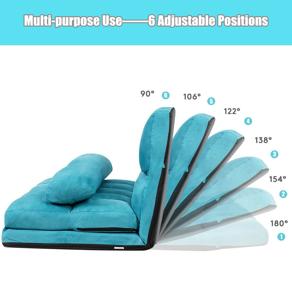 2 in 1 Folding Floor Lazy Sofa Bed with 6 Adjustable Seat Positions and 2 Pillows