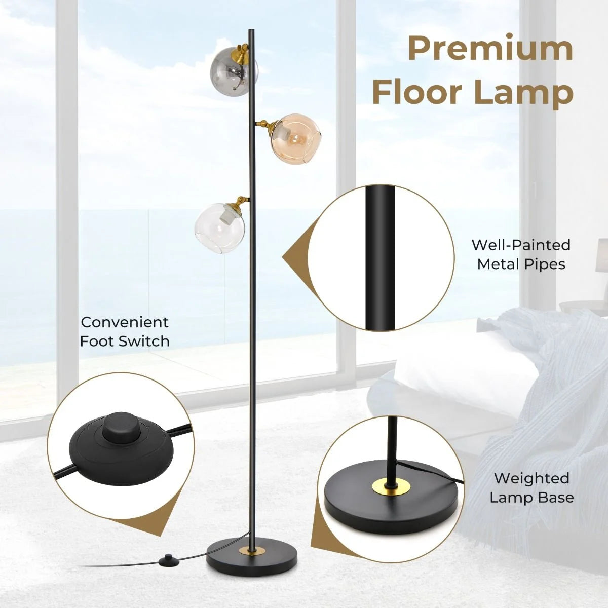 Modern Freestanding Lamp with 3 Glass Globe Lampshades